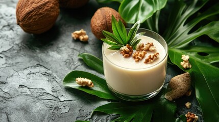 Poster - Coconut milk in a glass, surrounded by fresh nuts and lush green leaves, creating a tropical and natural look ideal for health and freshness