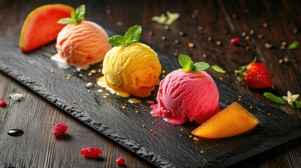 Poster - Colorful fruit ice cream scoops served on a slate board, garnished with mint leaves and fruit slices, creating an appetizing and refreshing visual for summer desserts