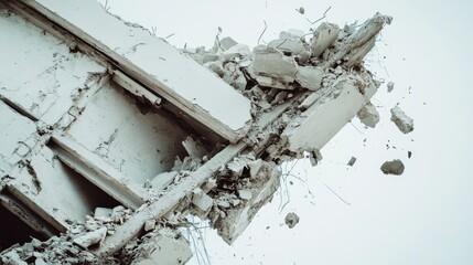 Poster - Destroyed building debris with exposed beams and shattered concrete, captured on a clean white background, creating a stark contrast that highlights the destruction