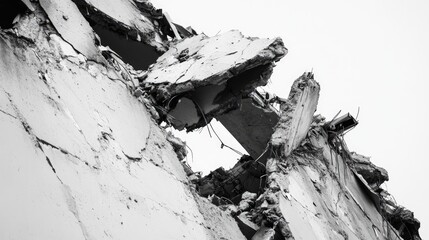 Poster - Destroyed building debris with exposed beams and shattered concrete, captured on a clean white background, creating a stark contrast that highlights the destruction