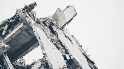 Poster - Destroyed building debris with exposed beams and shattered concrete, captured on a clean white background, creating a stark contrast that highlights the destruction