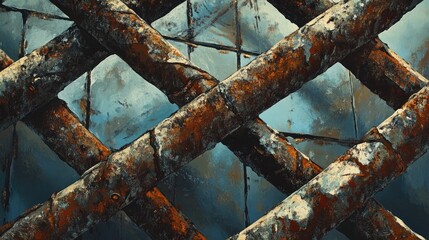 Poster - Detailed view of rusted metal bars, intertwined and glowing under the soft hues of the evening sky, evoking a sense of vintage charm and industrial beauty