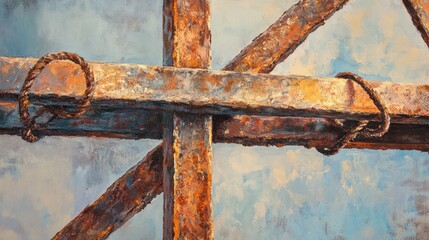 Poster - Detailed view of rusted metal bars, intertwined and glowing under the soft hues of the evening sky, evoking a sense of vintage charm and industrial beauty