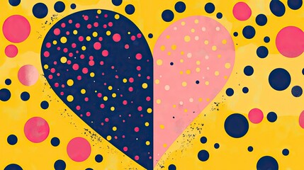 Poster - Contemporary heart design with yellow, navy, and pink colors, randomly placed dots add dynamic energy.