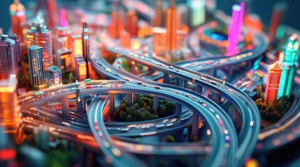 Aufkleber - Earth depicted in 3D with a detailed highway network, set against colorful city buildings and diverse landscapes, symbolizing global infrastructure and connectivity