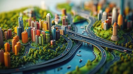 Aufkleber - Earth depicted in 3D with a detailed highway network, set against colorful city buildings and diverse landscapes, symbolizing global infrastructure and connectivity