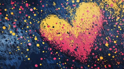 Poster - Contemporary heart design with yellow, navy, and pink colors, randomly placed dots add dynamic energy.