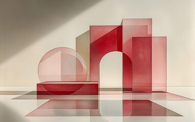 Aufkleber - Abstract geometric shapes in red and beige glass with light and shadow.