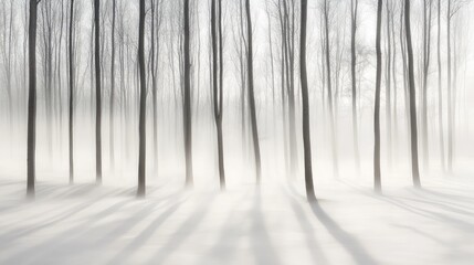 Poster - Ethereal fog surrounding trees, casting long shadows on the mist-covered ground, creating a dreamlike and minimalist atmosphere in a peaceful outdoor setting