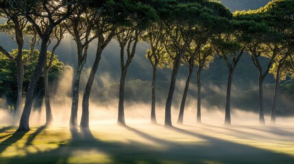 Poster - Ethereal fog surrounding trees, casting long shadows on the mist-covered ground, creating a dreamlike and minimalist atmosphere in a peaceful outdoor setting