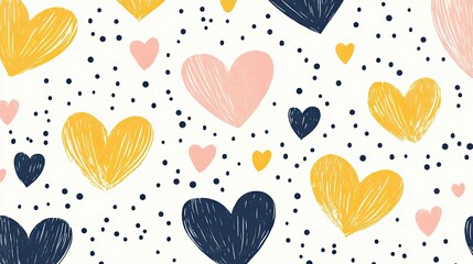 Aufkleber - Cute heart pattern with yellow, pink, and navy hearts, tiny dots scattered throughout, joyful and modern design.