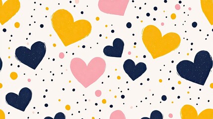 Aufkleber - Cute heart pattern with yellow, pink, and navy hearts, tiny dots scattered throughout, joyful and modern design.