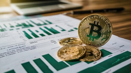 Poster - Financial background with digital currency symbols, charts, and financial documents, illustrating investment strategies and financial planning