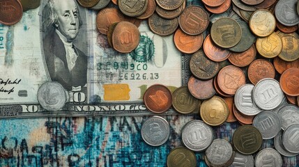 Poster - Financial background with double exposure of coins, USD banknote, bankbook, debt management, and investment planning concepts for accounting and finance