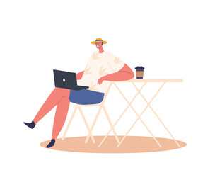 Poster - Man Working On Laptop While Enjoying A Cup Of Coffee In Street Cafe. Freelancer Male Character Remote Work Concept