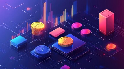 Poster - Financial management concept with digital graph, coins, and currency symbols illustrating investment, finance, and accounting principles