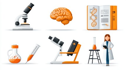 Poster - Conducting health research using six scientific icons microscope test tube dna and brain in a laboratory setting