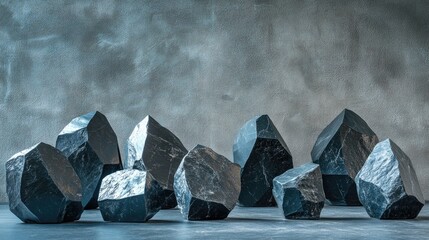 Aufkleber - Geometric black stones with textured surfaces arranged in an abstract composition, lit with artistic lighting effects to highlight their unique form