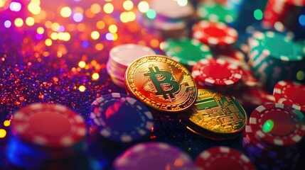 Aufkleber - Golden Bitcoin tokens and poker chips scattered on a vibrant casino table, illuminated by colorful lights, representing the growing popularity of crypto-gambling