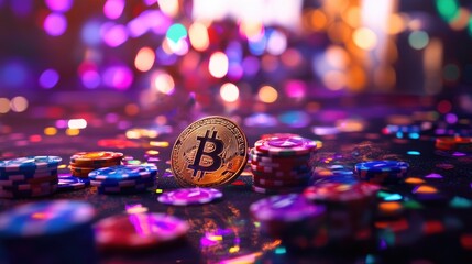 Poster - Golden Bitcoin tokens scattered across poker chips on a vibrant casino table, with colorful lights and a lively atmosphere adding excitement and energy