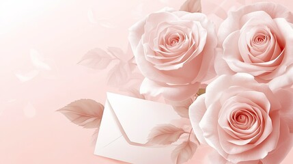 Aufkleber - Elegant greeting card concept with pink roses, a white envelope, and pastel pink background.
