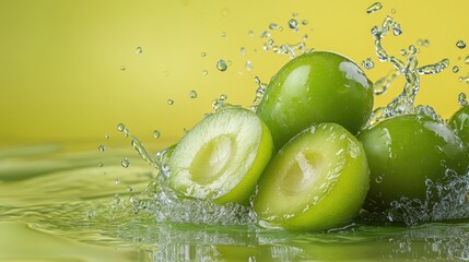 Poster - Green plums sliced neatly with aloe placed beside them, surrounded by splashes of water against a bright yellow-green background, evoking a fresh, healthy vibe
