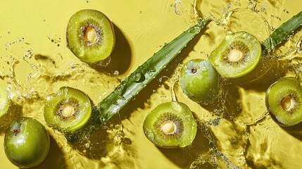 Poster - Green plums sliced neatly with aloe placed beside them, surrounded by splashes of water against a bright yellow-green background, evoking a fresh, healthy vibe