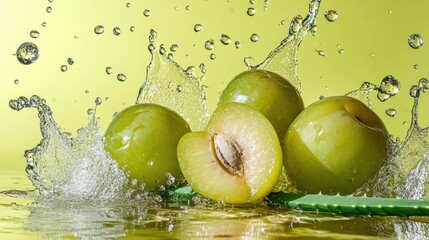 Poster - Green plums sliced neatly with aloe placed beside them, surrounded by splashes of water against a bright yellow-green background, evoking a fresh, healthy vibe