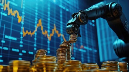 Poster - High-tech robotic arms stacking coins in an industrial setting, surrounded by a digital backdrop of financial graphs, illustrating automated profitability