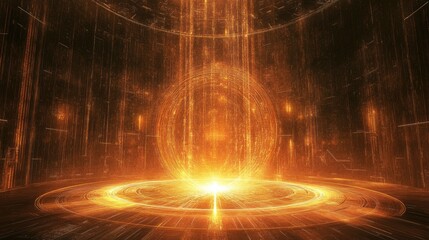 Poster - High-tech virtual space with matrix code streaming across the digital realm, featuring a radiant portal centerpiece at the center of the composition