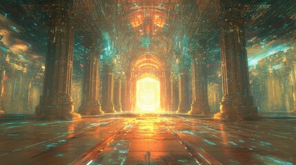 Poster - High-tech virtual space with matrix code streaming across the digital realm, featuring a radiant portal centerpiece at the center of the composition