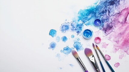 art palette with paint and brushes on white background 