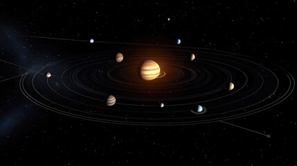 Poster - Majestic view of the solar system from its outer edges, with planets aligned and the sun casting a golden glow on the cosmic expanse