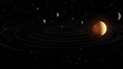 Poster - Majestic view of the solar system from its outer edges, with planets aligned and the sun casting a golden glow on the cosmic expanse