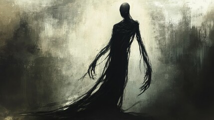 Wall Mural - A man with long hair and a long dress is walking in the dark