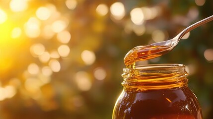 Poster - Medicine bottle tilting and releasing syrup into a spoon with a warm background, conveying health and wellness in a calm and soothing atmosphere