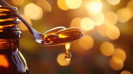 Poster - Medicine bottle tilting and releasing syrup into a spoon with a warm background, conveying health and wellness in a calm and soothing atmosphere
