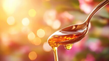 Poster - Medicine bottle tilting and releasing syrup into a spoon with a warm background, conveying health and wellness in a calm and soothing atmosphere