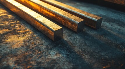 Poster - Metallic bars lying on a rough concrete floor, with the soft glow of evening light casting intricate shadows, showcasing the contrast between raw materials and light