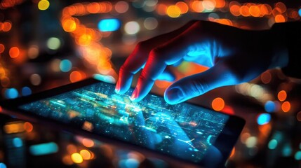 Poster - Person working on tablet with global business digital network, showcasing IoT and smart city connectivity for digital marketing success