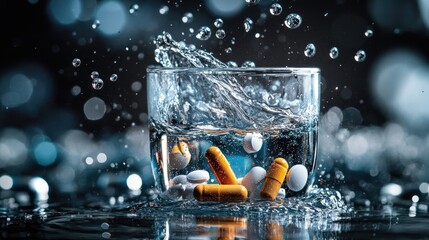 Poster - Pills and capsules falling mid-air into a glass of water, with droplets splashing in motion, capturing a moment of health and wellness in action