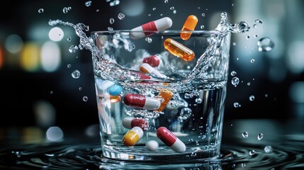 Poster - Pills and capsules falling mid-air into a glass of water, with droplets splashing in motion, capturing a moment of health and wellness in action