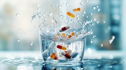 Poster - Pills and capsules falling mid-air into a glass of water, with droplets splashing in motion, capturing a moment of health and wellness in action