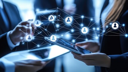 Poster - Professional interacting with laptop and tablet displaying internet connection, digital network, and IoT business technology for global reach