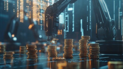 Poster - Robotic arms assembling stacks of coins on a high-tech background filled with digital data and financial charts, symbolizing automation in wealth creation