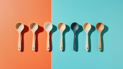 Row of wooden spoons on vibrant orange and blue background