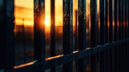 Poster - Steel bars casting intricate patterns as they reflect the warm hues of a sunset, creating a striking contrast between the metal and natural light in the foreground