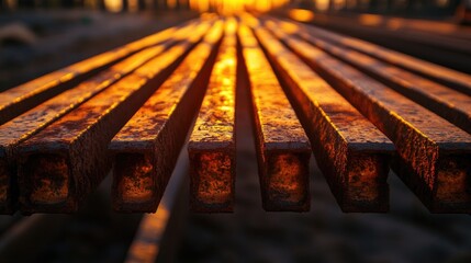 Poster - Steel bars casting intricate patterns as they reflect the warm hues of a sunset, creating a striking contrast between the metal and natural light in the foreground