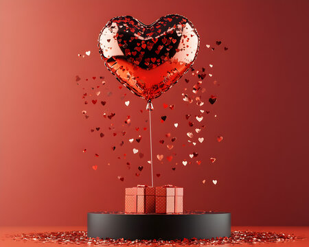 Happy valentines day podium decoration with heart shape balloon, gift box, confetti, 3D rendering illustration