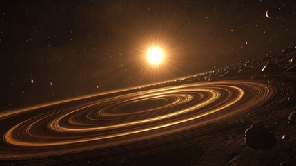 Poster - Stunning view from the outer edges of the solar system, showing planets in perfect alignment with the sun casting golden light across the scene